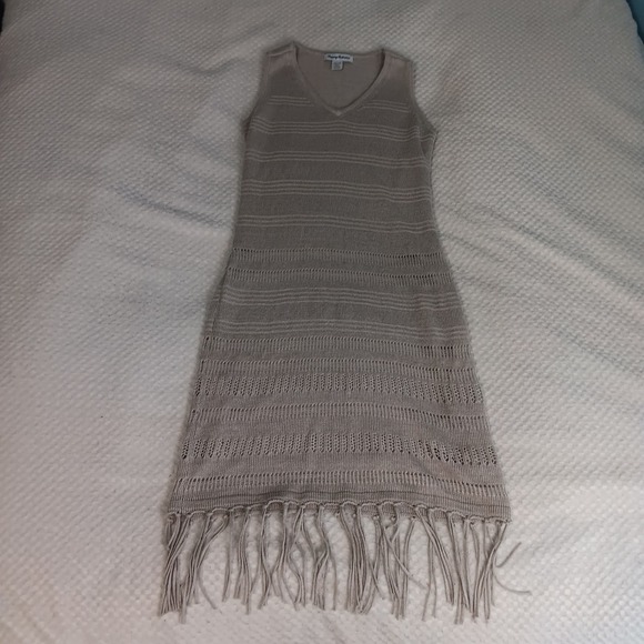 Tommy Bahama Beige Cedar Pointelle Fringe Bottom Sleeveless Linen Dress Sz Xs - Picture 2 of 11
